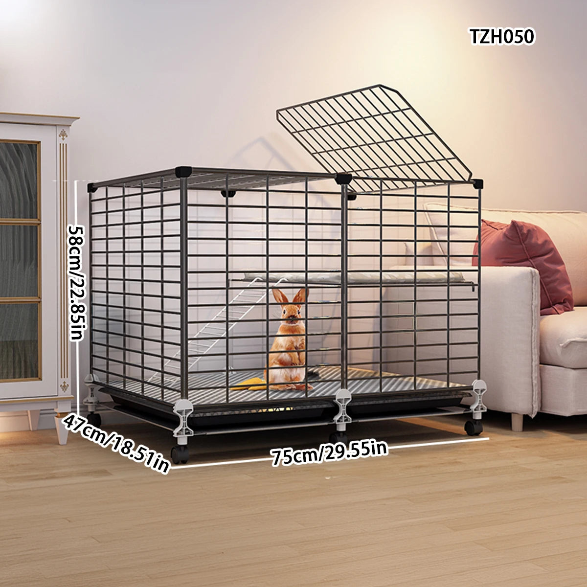 Cage intérieure double étage pour lapins et cobayes avec système de nettoyage automatique des déjections. Plateforme deux niveaux incluse.