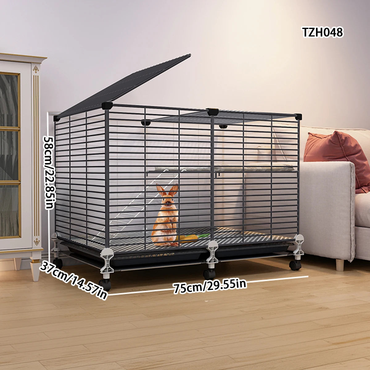 Cage intérieure double étage pour lapins et cobayes avec système de nettoyage automatique des déjections. Plateforme deux niveaux incluse.