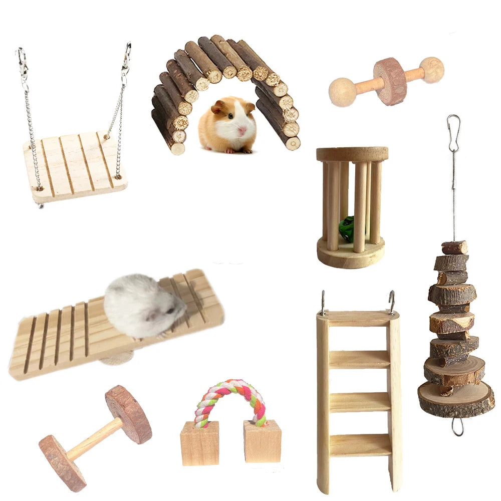 Set de jouets en bois naturel pour hamsters, lapins, oiseaux et cochons d'Inde – 11 variantes