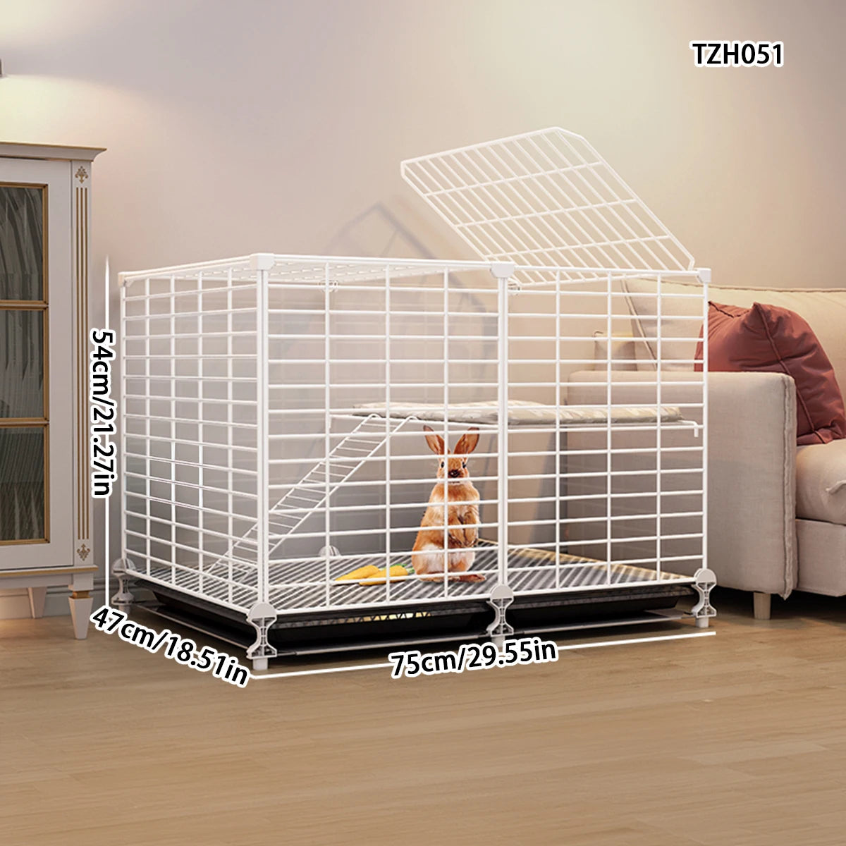Cage intérieure double étage pour lapins et cobayes avec système de nettoyage automatique des déjections. Plateforme deux niveaux incluse.