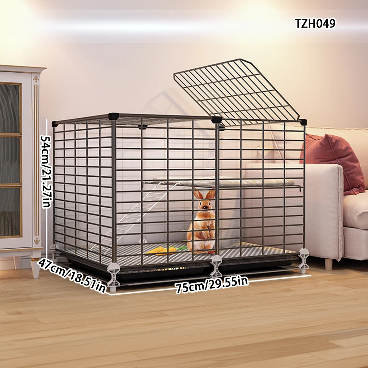 Cage intérieure double étage pour lapins et cobayes avec système de nettoyage automatique des déjections. Plateforme deux niveaux incluse.