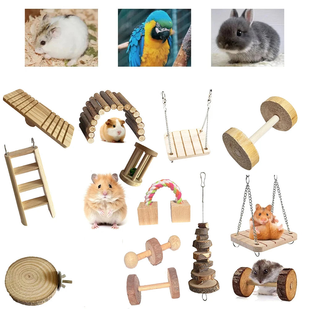 Set de jouets en bois naturel pour hamsters, lapins, oiseaux et cochons d'Inde – 11 variantes