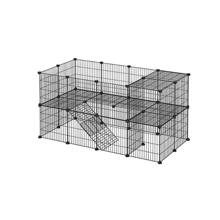 Cage intérieure double étage pour lapins et cobayes avec système de nettoyage automatique des déjections. Plateforme deux niveaux incluse.